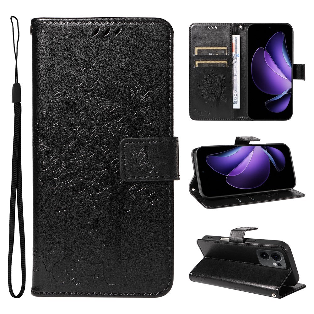 For Oppo Reno13 F 5G Phone Case with Stand Cat Tree Pattern Leather Wallet Mobile Cover -  Black
