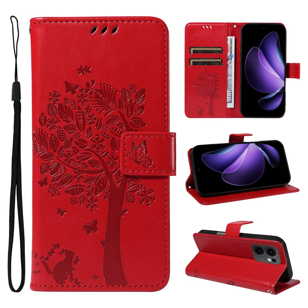 For Oppo Reno13 F 5G Phone Case with Stand Cat Tree Pattern Leather Wallet Mobile Cover - Red