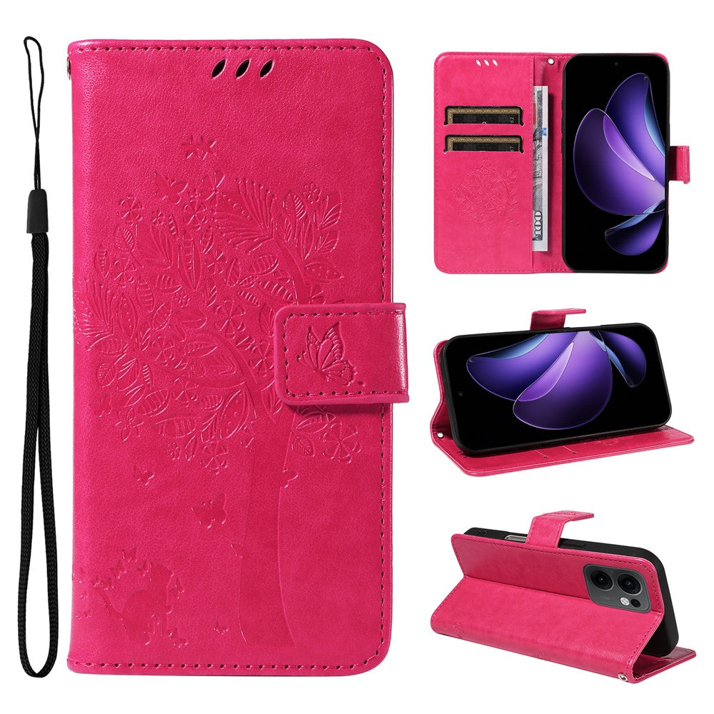 For Oppo Reno13 F 5G Phone Case with Stand Cat Tree Pattern Leather Wallet Mobile Cover - Rose