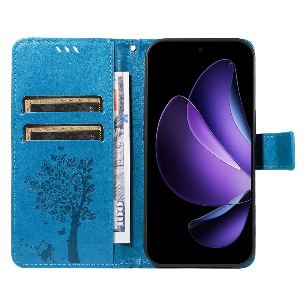 For Oppo Reno13 F 5G Phone Case with Stand Cat Tree Pattern Leather Wallet Mobile Cover - Blue