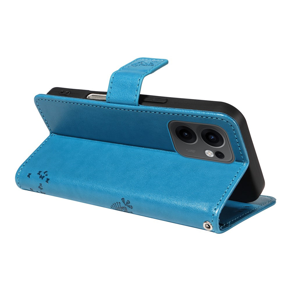 For Oppo Reno13 F 5G Phone Case with Stand Cat Tree Pattern Leather Wallet Mobile Cover - Blue