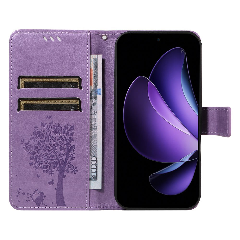 For Oppo Reno13 F 5G Phone Case with Stand Cat Tree Pattern Leather Wallet Mobile Cover -  Light Purple