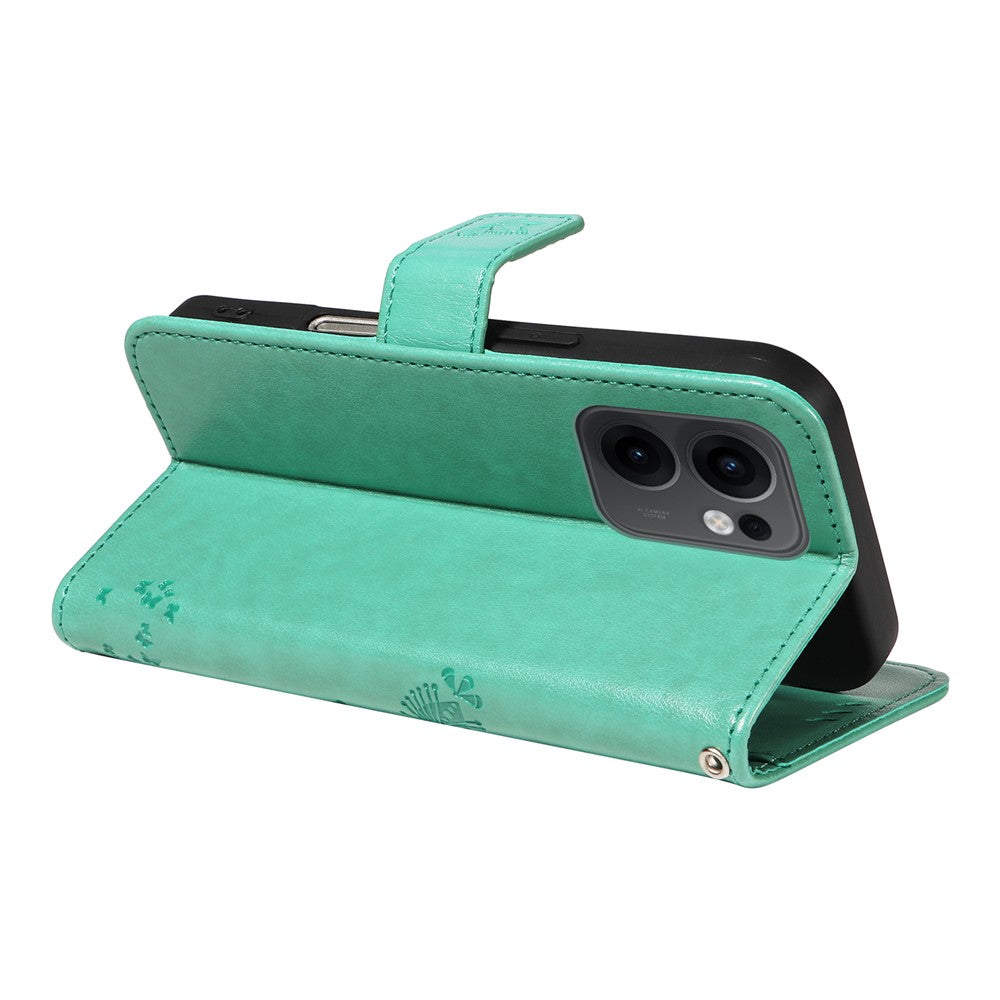 For Oppo Reno13 F 5G Phone Case with Stand Cat Tree Pattern Leather Wallet Mobile Cover - Green