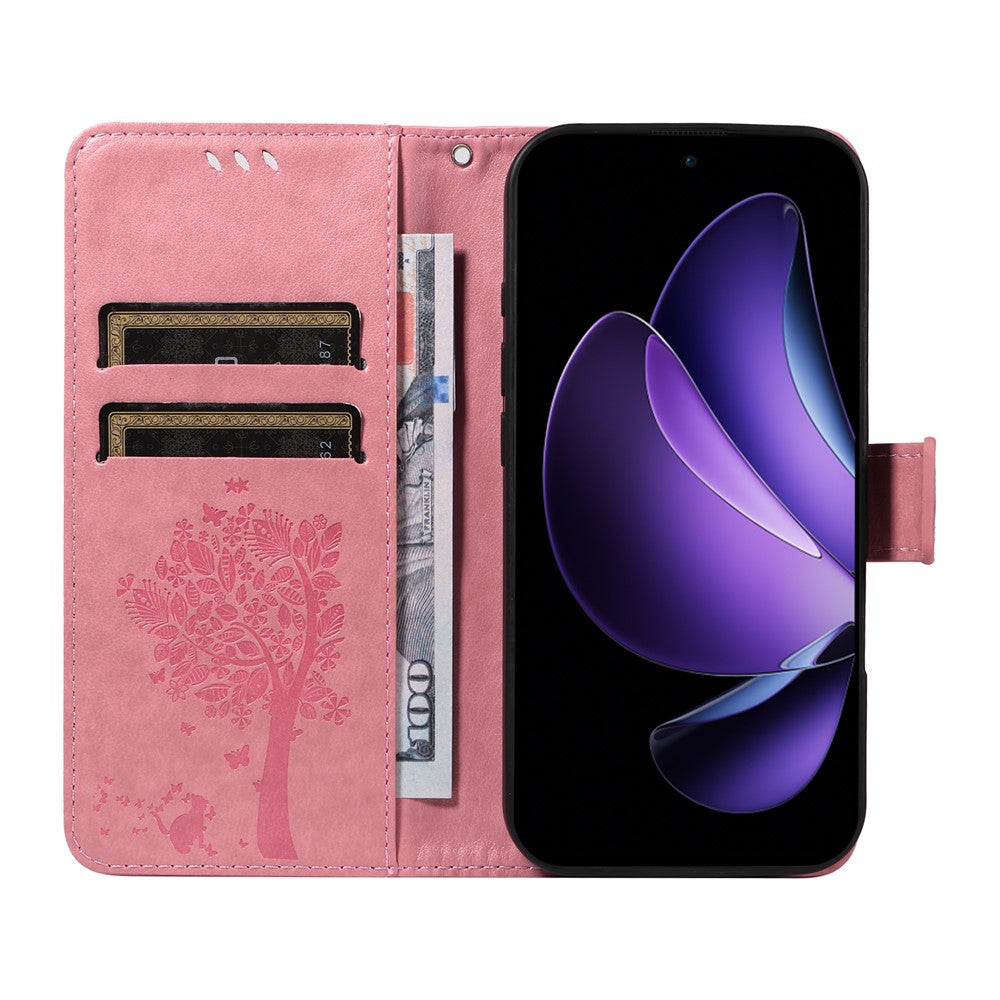 For Oppo Reno13 F 5G Phone Case with Stand Cat Tree Pattern Leather Wallet Mobile Cover - Pink
