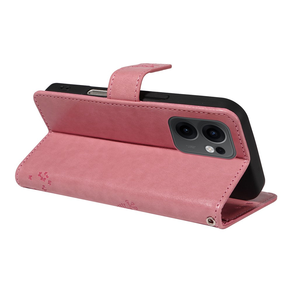 For Oppo Reno13 F 5G Phone Case with Stand Cat Tree Pattern Leather Wallet Mobile Cover - Pink