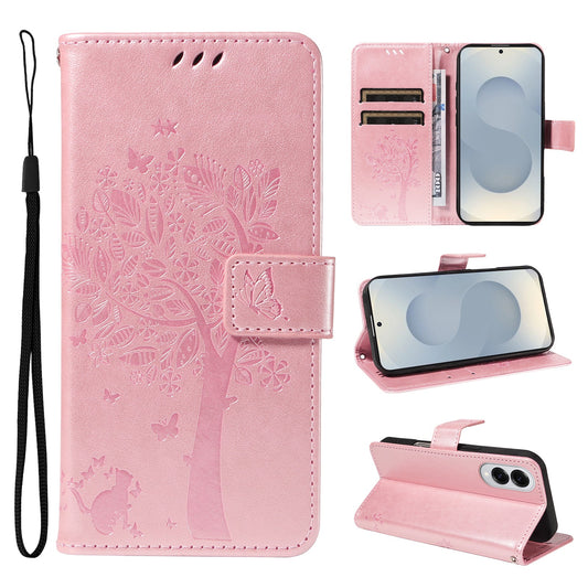 For Samsung Galaxy S25 Edge Phone Case with Stand Cat Tree Pattern Leather Wallet Mobile Cover - Rose Gold