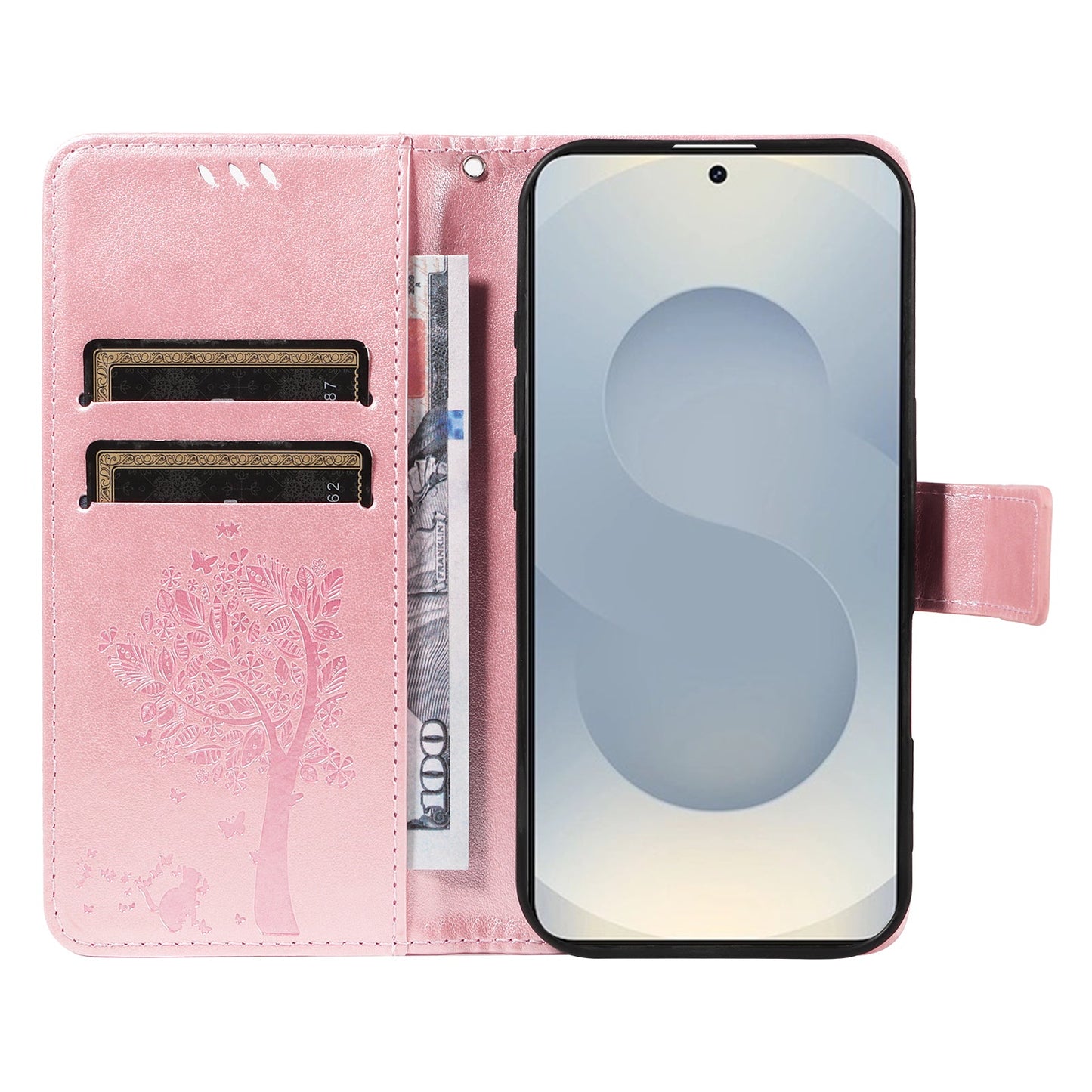 For Samsung Galaxy S25 Edge Phone Case with Stand Cat Tree Pattern Leather Wallet Mobile Cover - Rose Gold