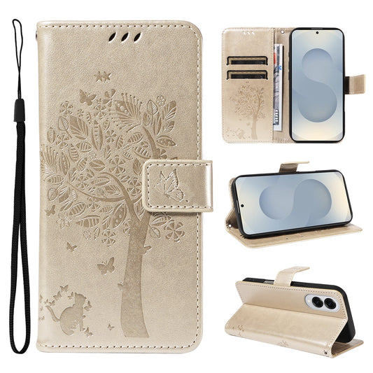For Samsung Galaxy S25 Edge Phone Case with Stand Cat Tree Pattern Leather Wallet Mobile Cover - Gold