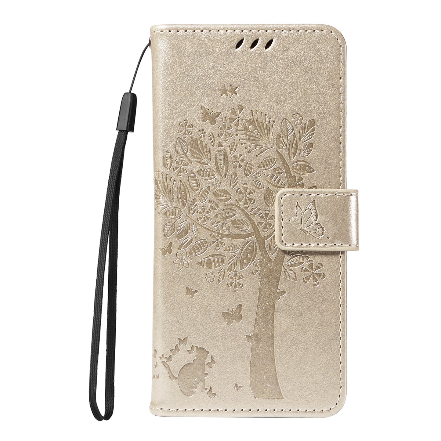 For Samsung Galaxy S25 Edge Phone Case with Stand Cat Tree Pattern Leather Wallet Mobile Cover - Gold