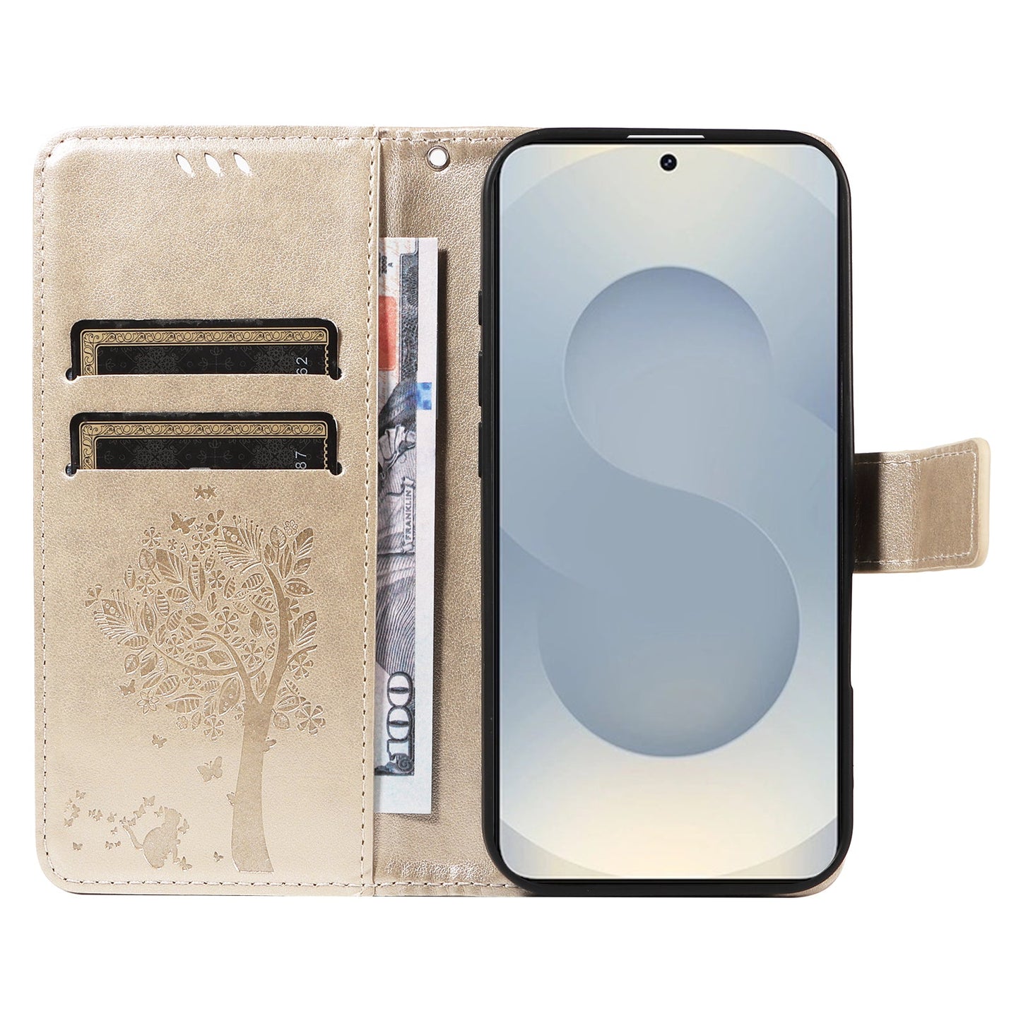 For Samsung Galaxy S25 Edge Phone Case with Stand Cat Tree Pattern Leather Wallet Mobile Cover - Gold