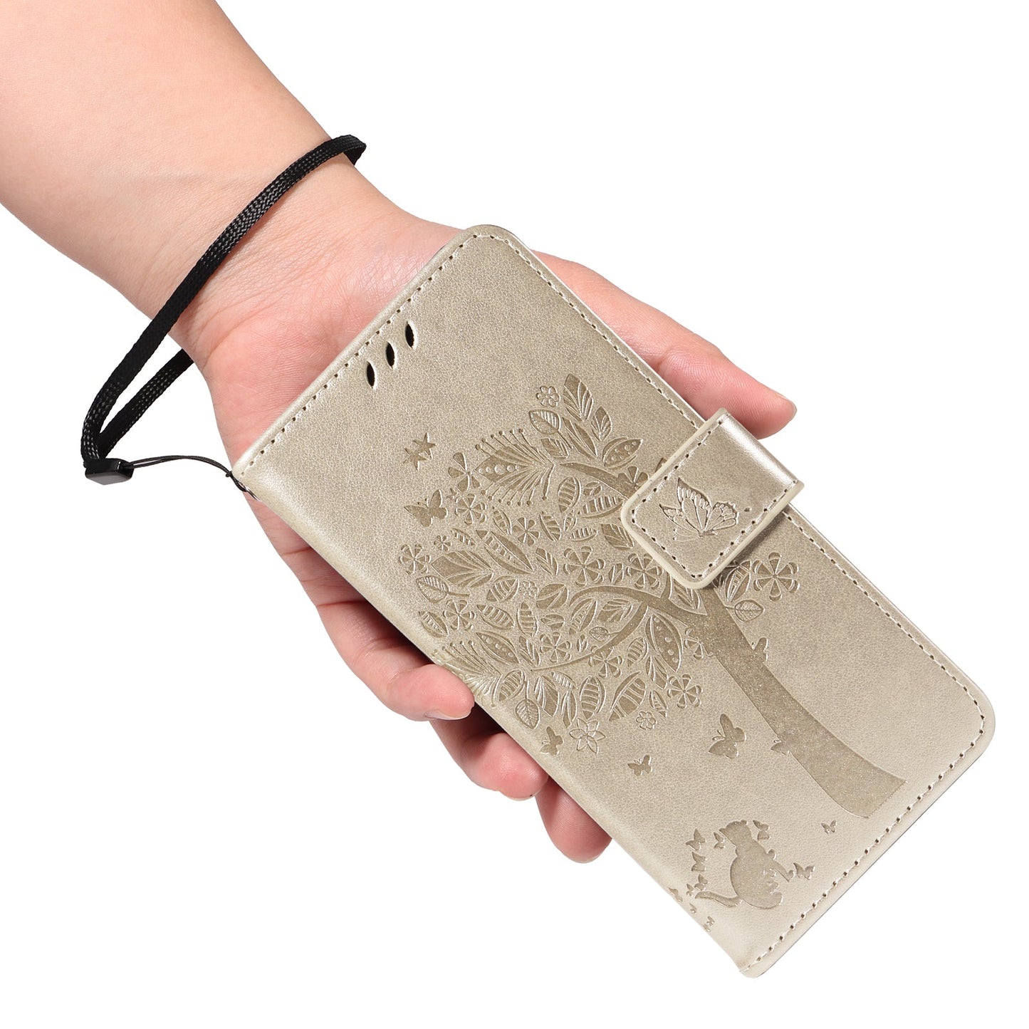 For Samsung Galaxy S25 Edge Phone Case with Stand Cat Tree Pattern Leather Wallet Mobile Cover - Gold