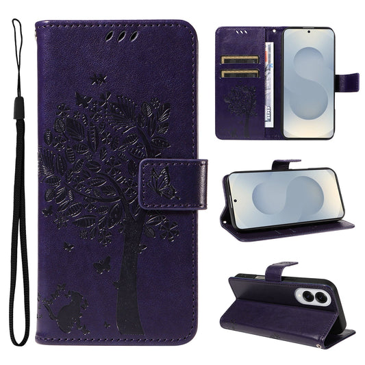 For Samsung Galaxy S25 Edge Phone Case with Stand Cat Tree Pattern Leather Wallet Mobile Cover - Purple