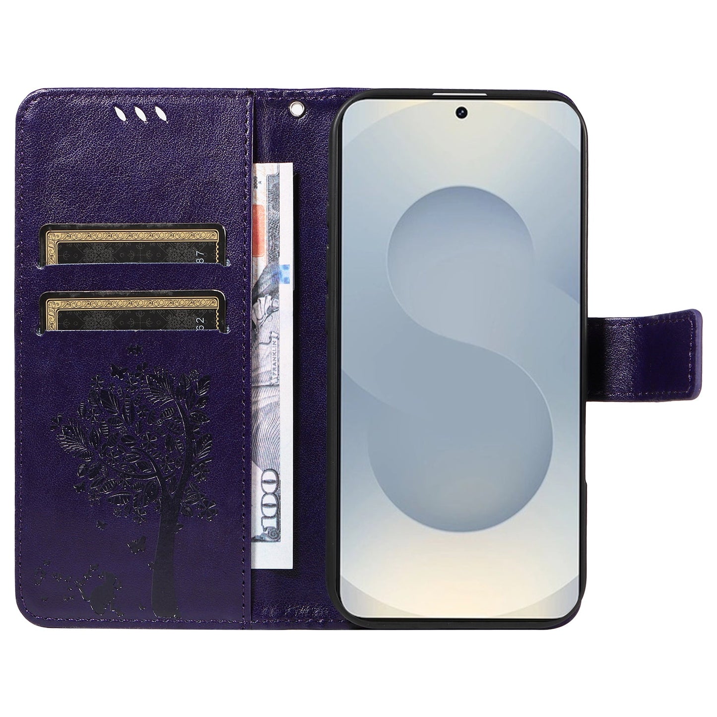 For Samsung Galaxy S25 Edge Phone Case with Stand Cat Tree Pattern Leather Wallet Mobile Cover - Purple