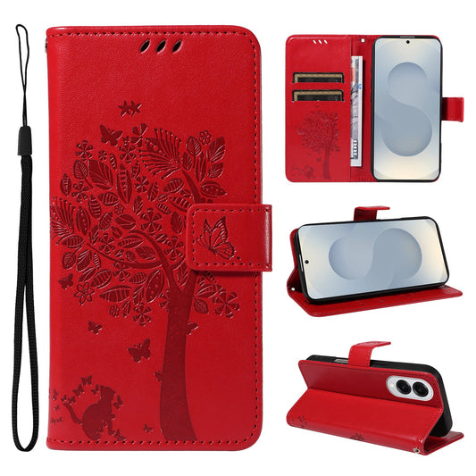 For Samsung Galaxy S25 Edge Phone Case with Stand Cat Tree Pattern Leather Wallet Mobile Cover - Red