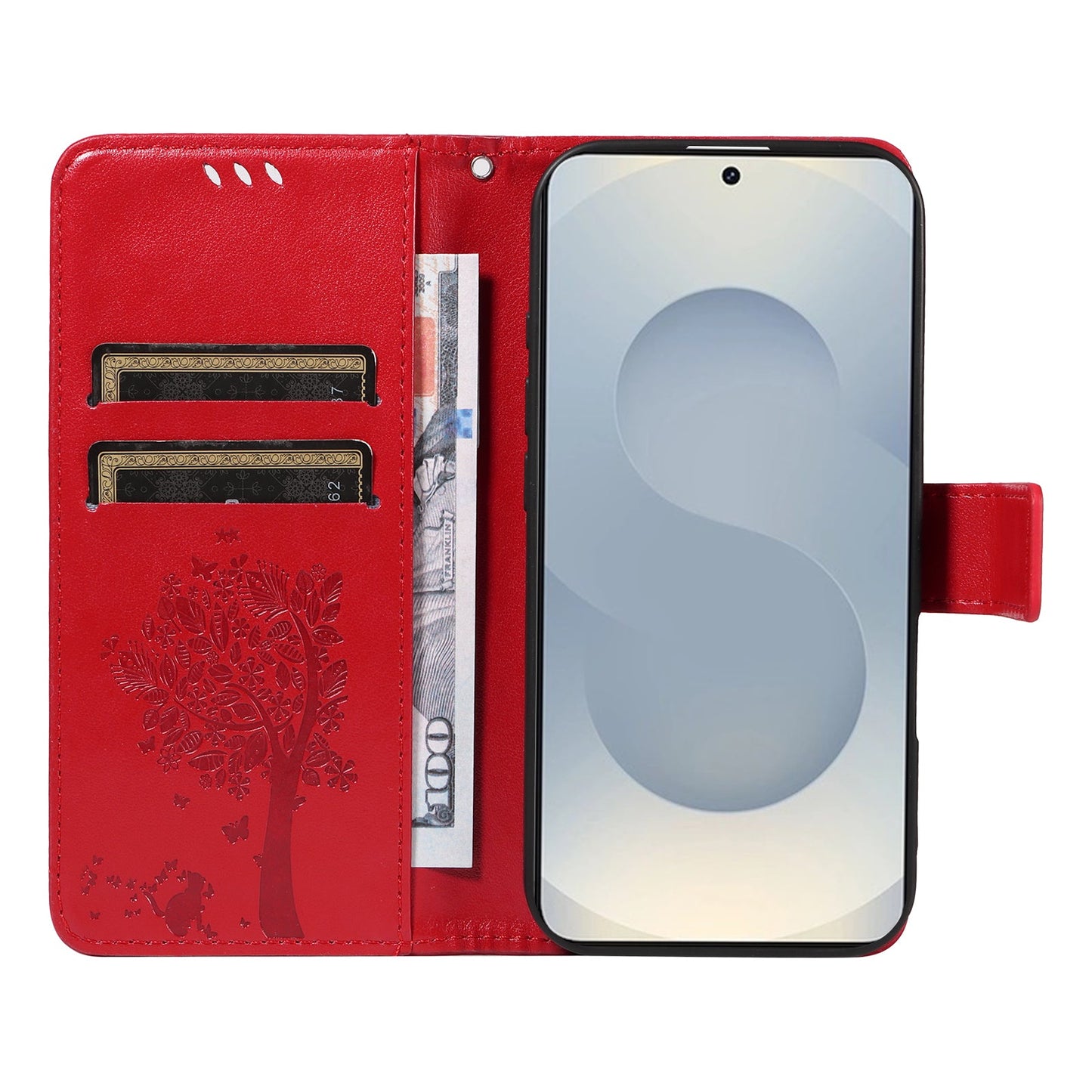 For Samsung Galaxy S25 Edge Phone Case with Stand Cat Tree Pattern Leather Wallet Mobile Cover - Red