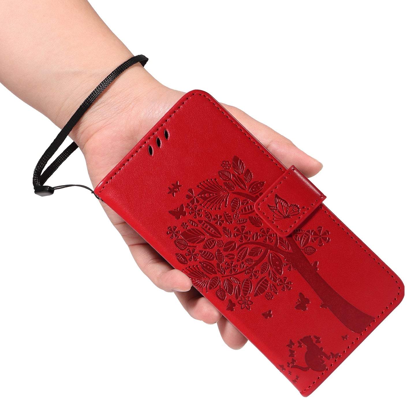 For Samsung Galaxy S25 Edge Phone Case with Stand Cat Tree Pattern Leather Wallet Mobile Cover - Red