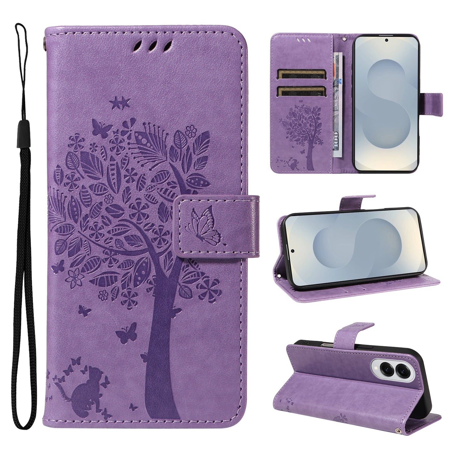 For Samsung Galaxy S25 Edge Phone Case with Stand Cat Tree Pattern Leather Wallet Mobile Cover -  Light Purple