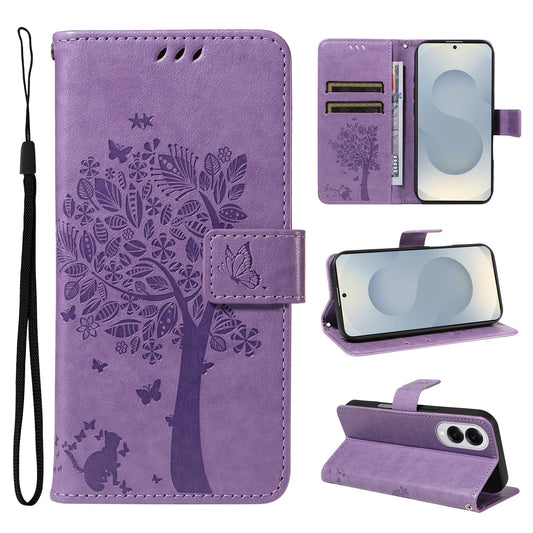 For Samsung Galaxy S25 Edge Phone Case with Stand Cat Tree Pattern Leather Wallet Mobile Cover -  Light Purple