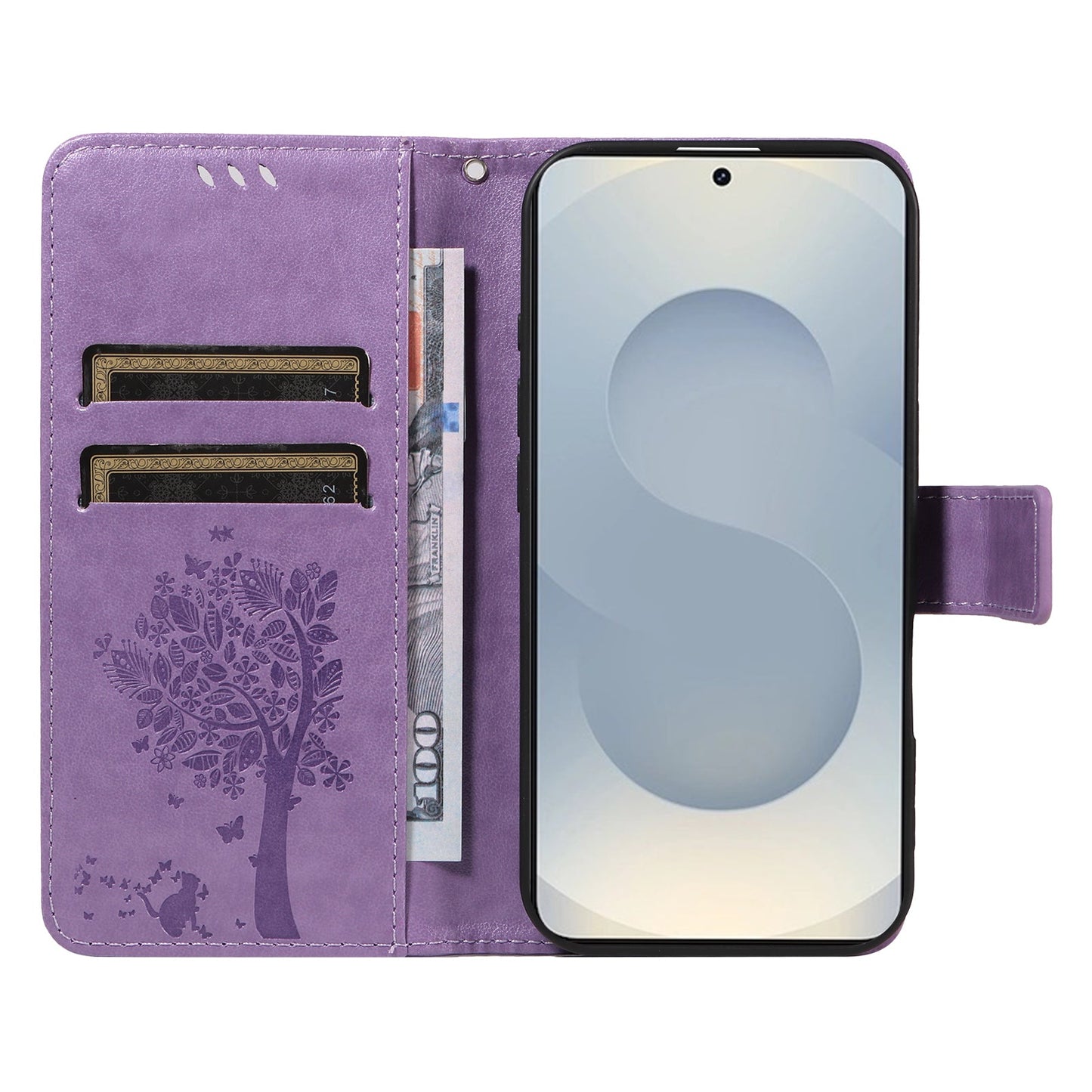 For Samsung Galaxy S25 Edge Phone Case with Stand Cat Tree Pattern Leather Wallet Mobile Cover -  Light Purple