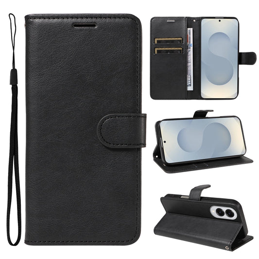 For Samsung Galaxy S25 Edge Leather Wallet Case with Strap Solid Color Phone Stand Cover - Black