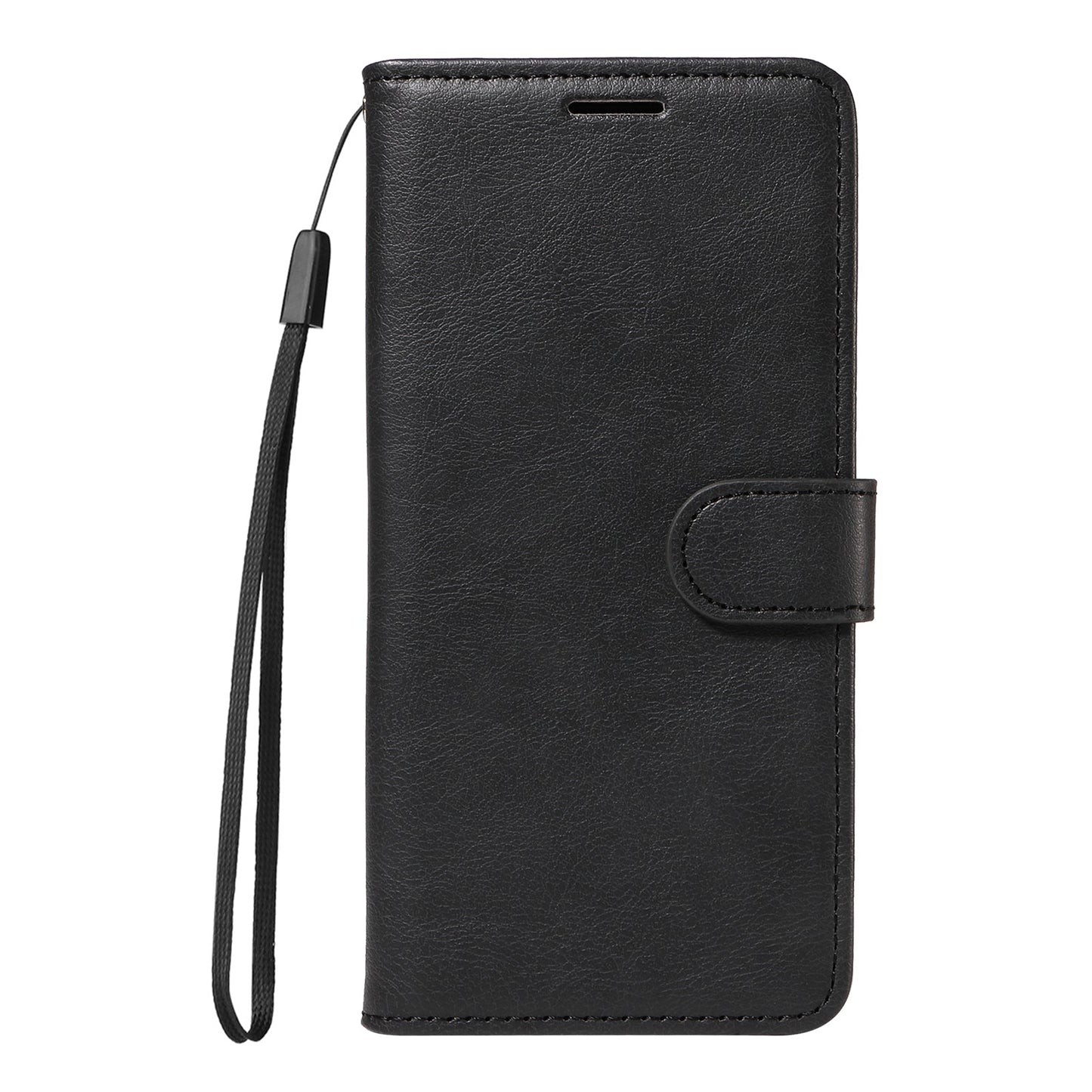 For Samsung Galaxy S25 Edge Leather Wallet Case with Strap Solid Color Phone Stand Cover - Black