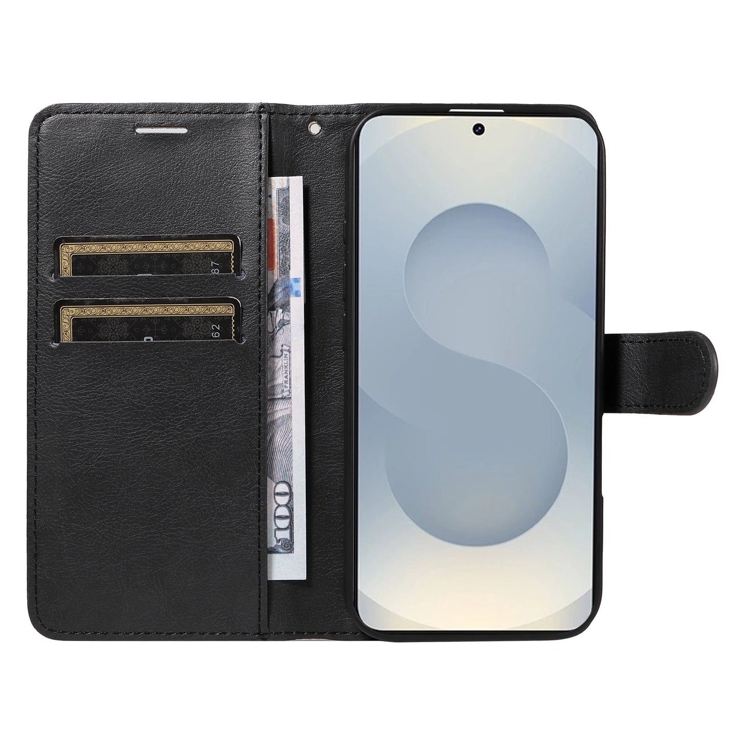 For Samsung Galaxy S25 Edge Leather Wallet Case with Strap Solid Color Phone Stand Cover - Black