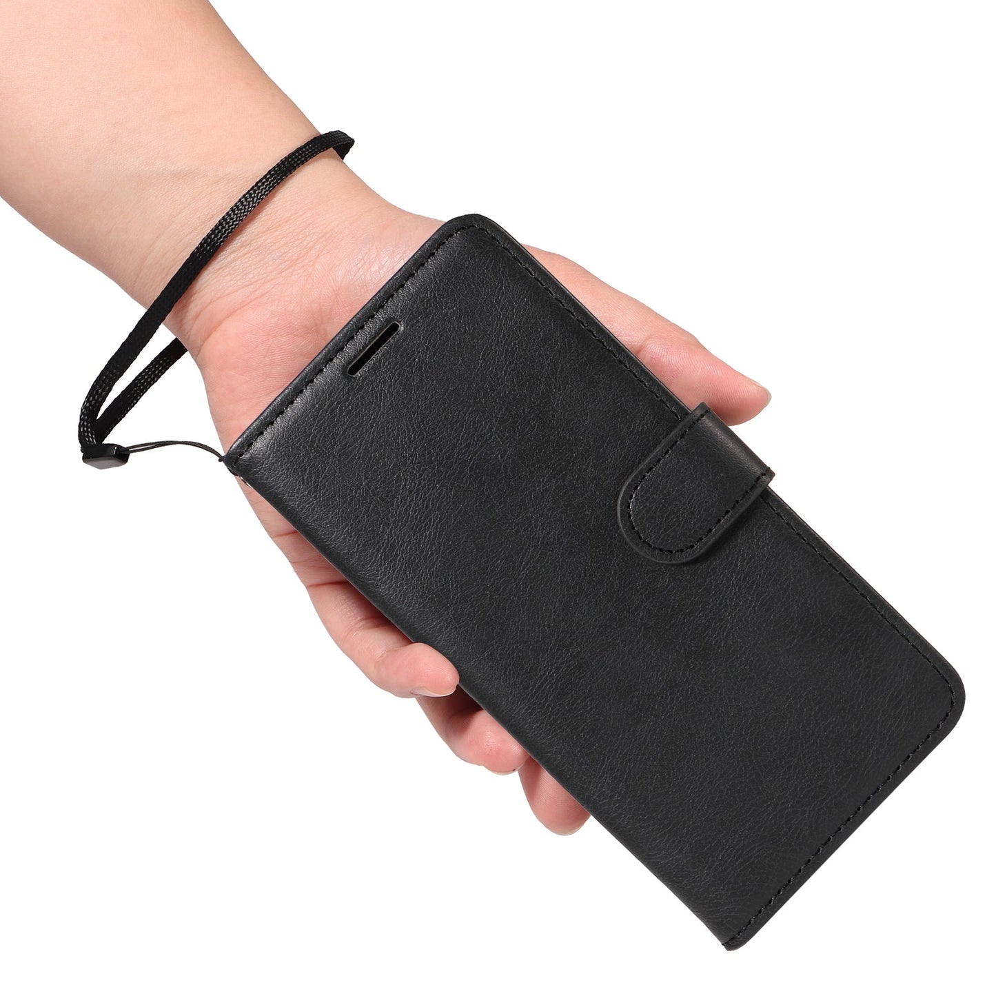 For Samsung Galaxy S25 Edge Leather Wallet Case with Strap Solid Color Phone Stand Cover - Black