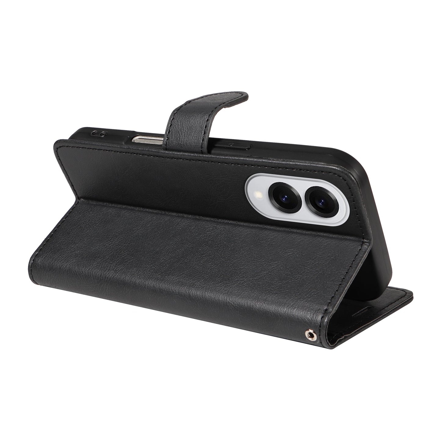 For Samsung Galaxy S25 Edge Leather Wallet Case with Strap Solid Color Phone Stand Cover - Black