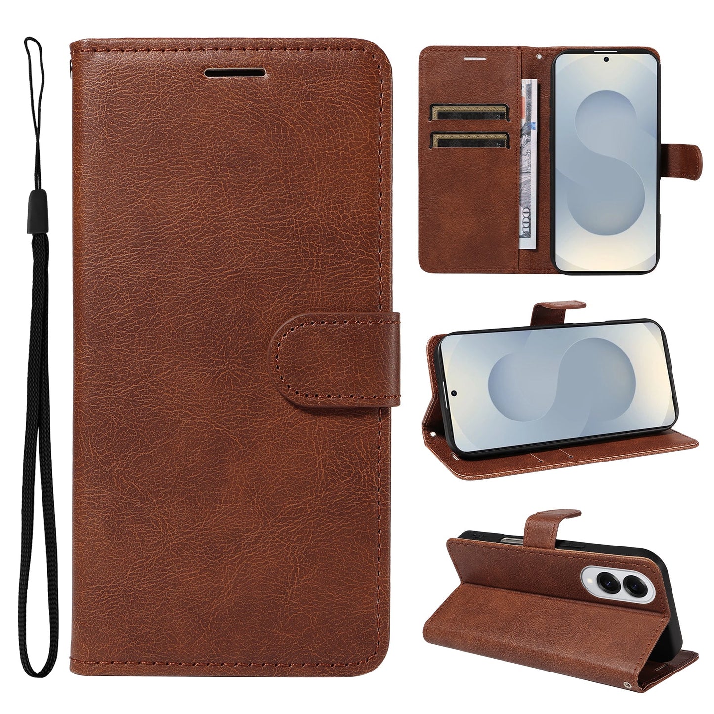 For Samsung Galaxy S25 Edge Leather Wallet Case with Strap Solid Color Phone Stand Cover - Brown