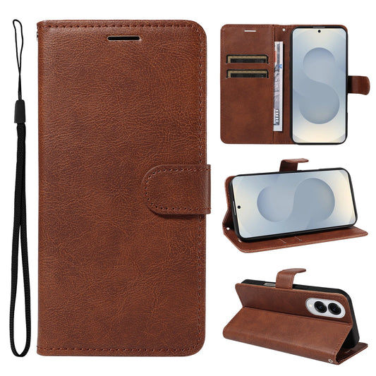 For Samsung Galaxy S25 Edge Leather Wallet Case with Strap Solid Color Phone Stand Cover - Brown