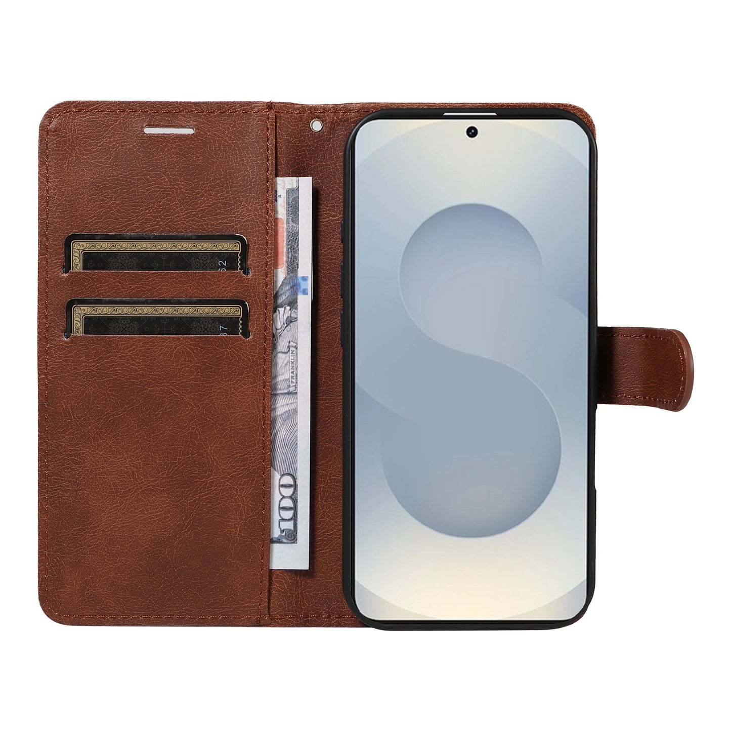 For Samsung Galaxy S25 Edge Leather Wallet Case with Strap Solid Color Phone Stand Cover - Brown