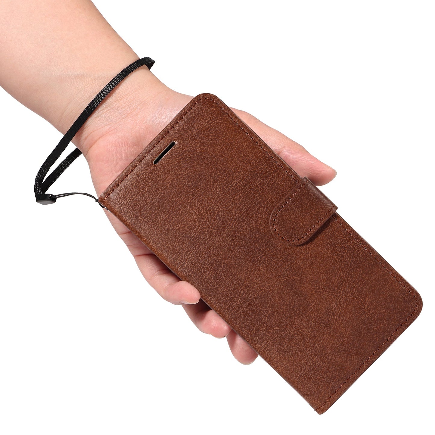 For Samsung Galaxy S25 Edge Leather Wallet Case with Strap Solid Color Phone Stand Cover - Brown