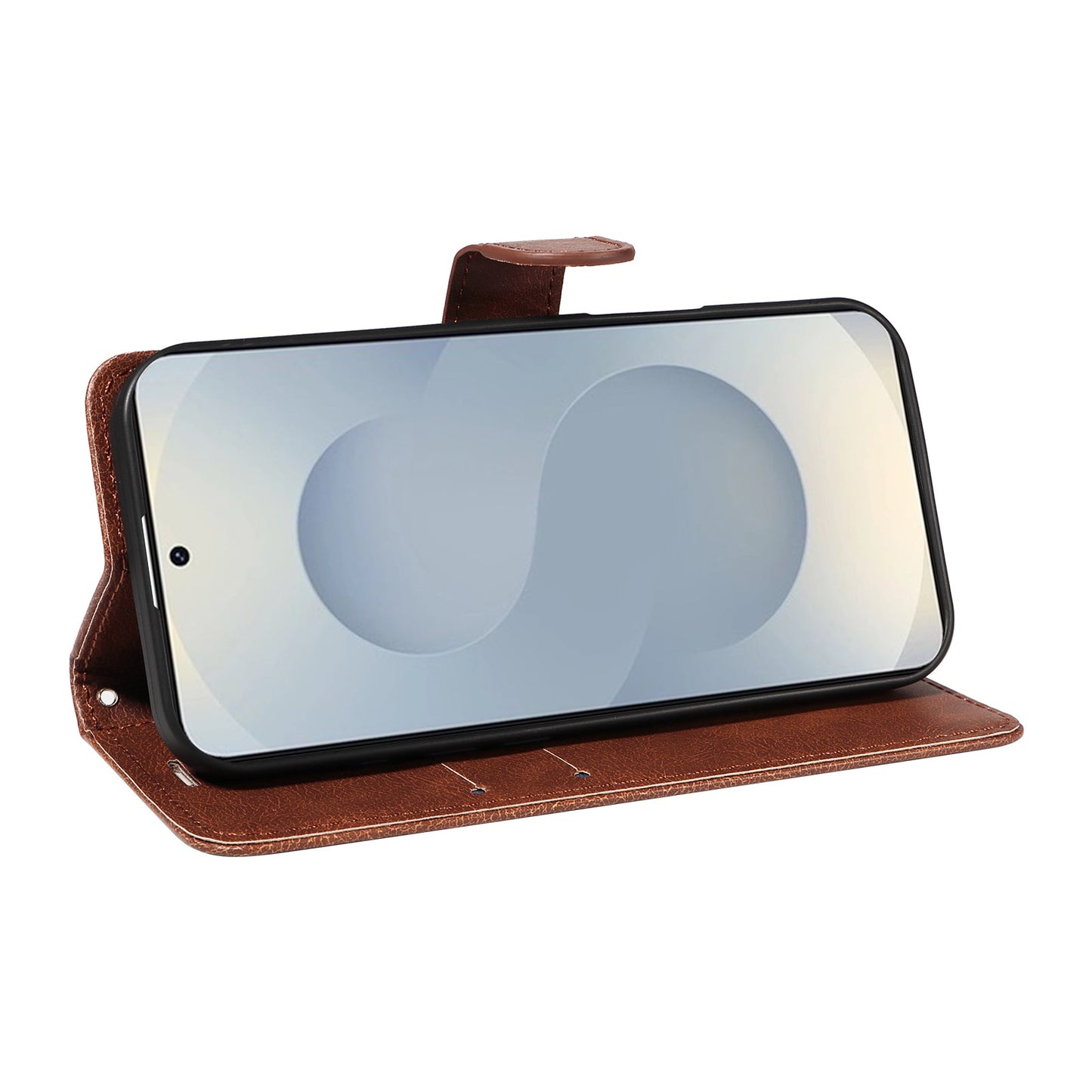For Samsung Galaxy S25 Edge Leather Wallet Case with Strap Solid Color Phone Stand Cover - Brown