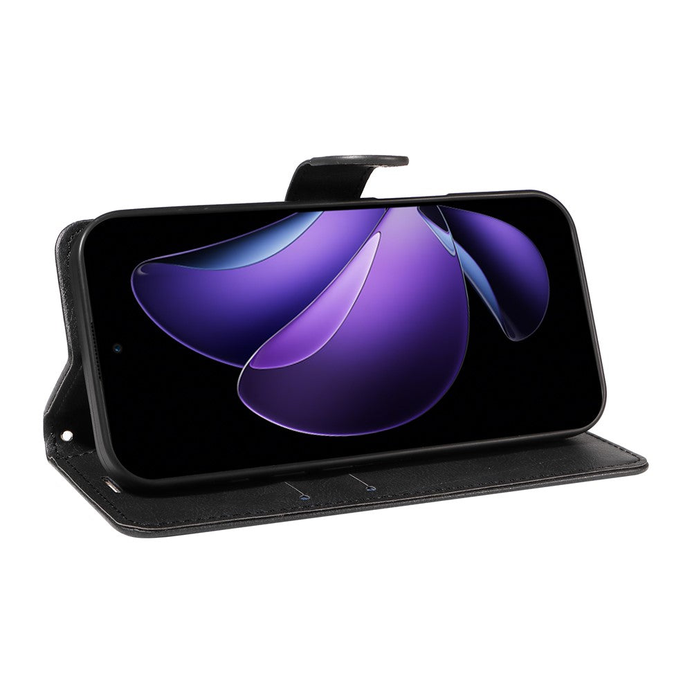 For Oppo Reno13 F 5G Leather Wallet Case with Strap Solid Color Phone Stand Cover - Black