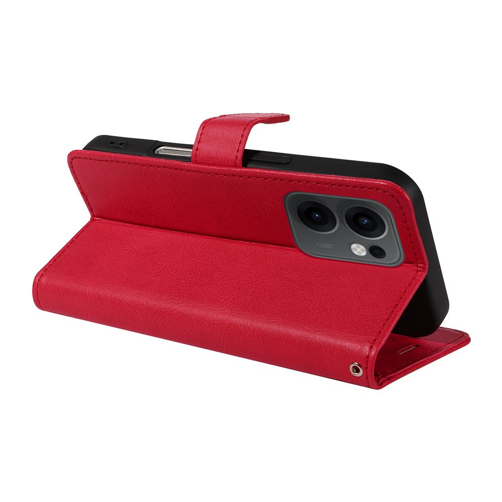 For Oppo Reno13 F 5G Leather Wallet Case with Strap Solid Color Phone Stand Cover - Red