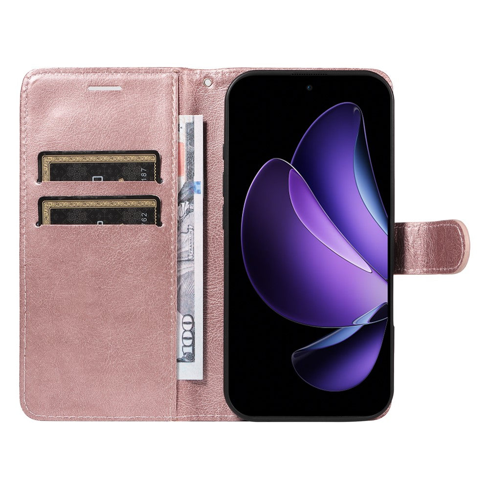 For Oppo Reno13 F 5G Leather Wallet Case with Strap Solid Color Phone Stand Cover - Rose Gold
