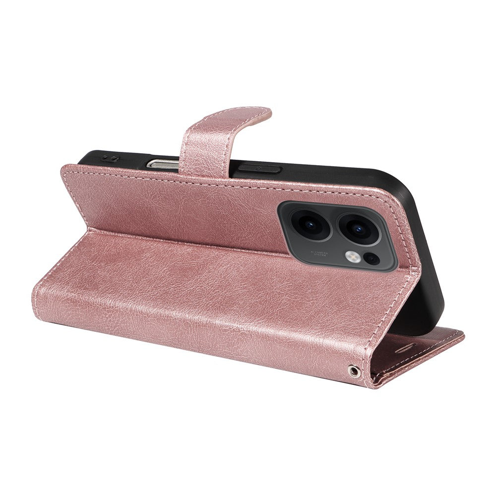 For Oppo Reno13 F 5G Leather Wallet Case with Strap Solid Color Phone Stand Cover - Rose Gold