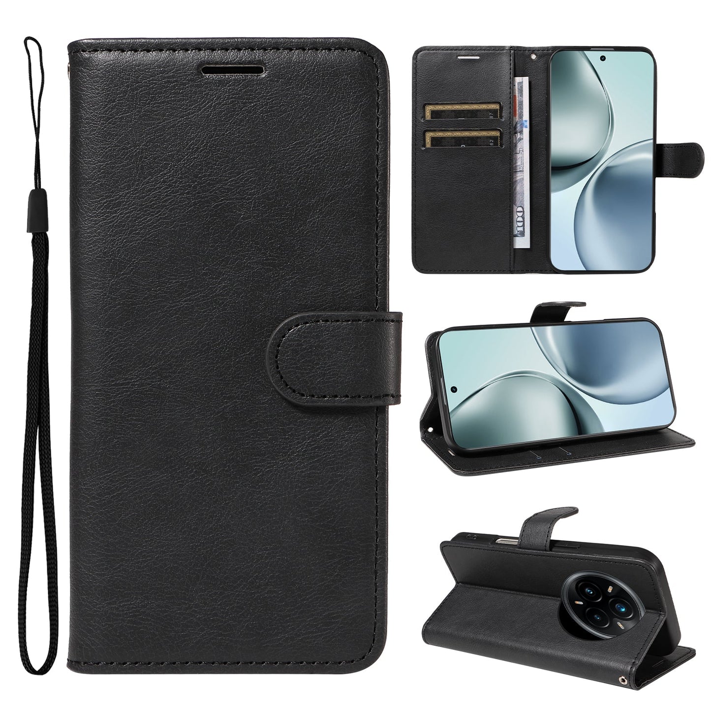 For Realme 14 Pro+ 5G Leather Wallet Case with Strap Solid Color Phone Stand Cover - Black