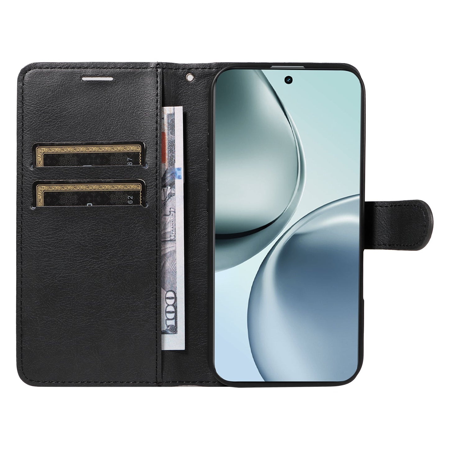 For Realme 14 Pro+ 5G Leather Wallet Case with Strap Solid Color Phone Stand Cover - Black
