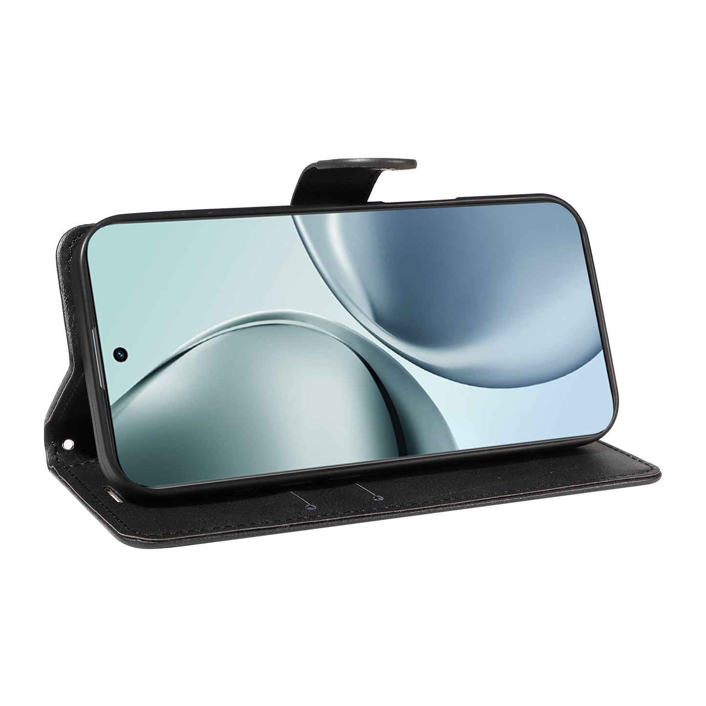 For Realme 14 Pro+ 5G Leather Wallet Case with Strap Solid Color Phone Stand Cover - Black