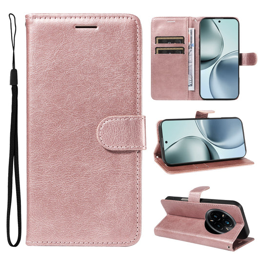 For Realme 14 Pro+ 5G Leather Wallet Case with Strap Solid Color Phone Stand Cover - Rose Gold