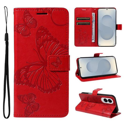 For Samsung Galaxy S25 Edge Wallet Case Floral Butterfly Imprinted Leather Phone Cover Stand - Red