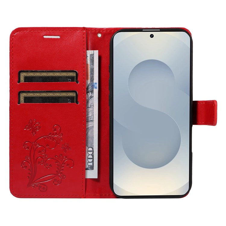 For Samsung Galaxy S25 Edge Wallet Case Floral Butterfly Imprinted Leather Phone Cover Stand - Red
