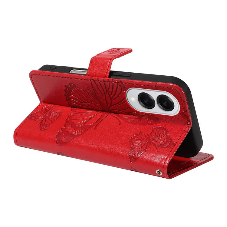For Samsung Galaxy S25 Edge Wallet Case Floral Butterfly Imprinted Leather Phone Cover Stand - Red