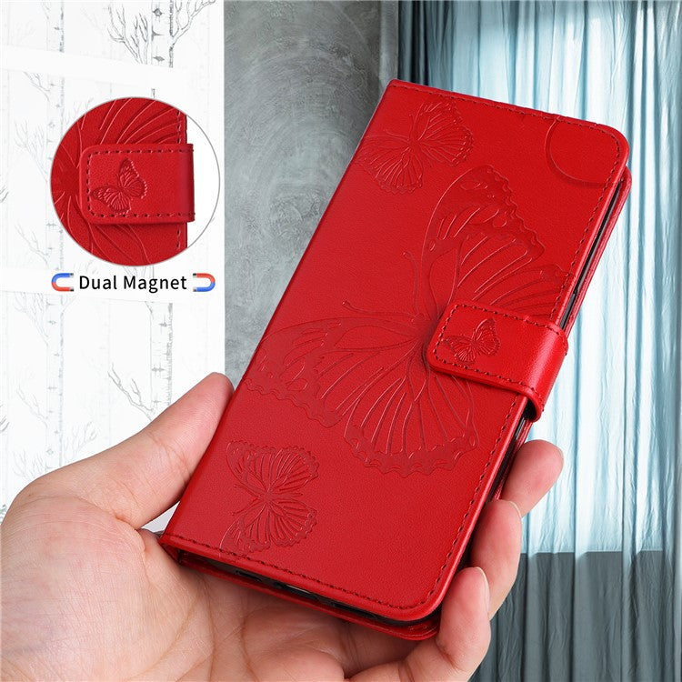 For Samsung Galaxy S25 Edge Wallet Case Floral Butterfly Imprinted Leather Phone Cover Stand - Red