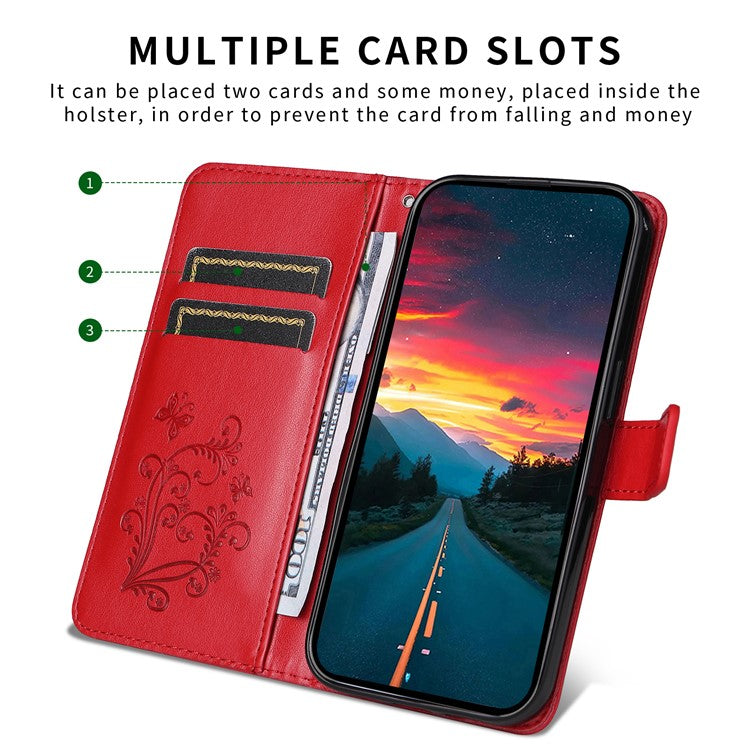 For Samsung Galaxy S25 Edge Wallet Case Floral Butterfly Imprinted Leather Phone Cover Stand - Red