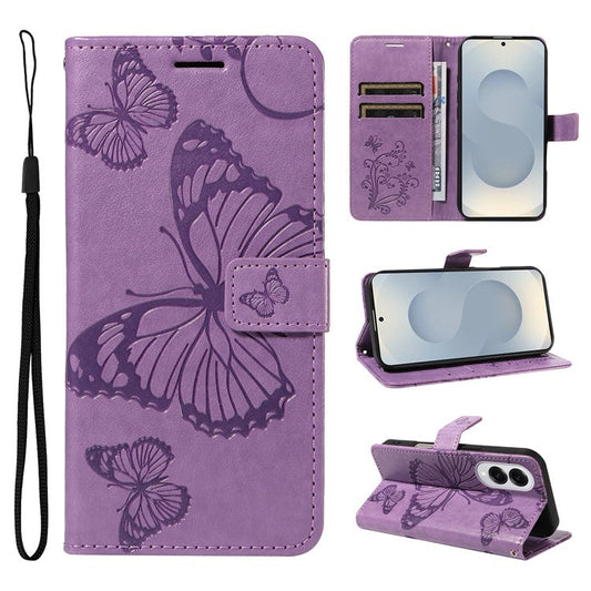 For Samsung Galaxy S25 Edge Wallet Case Floral Butterfly Imprinted Leather Phone Cover Stand - Light Purple