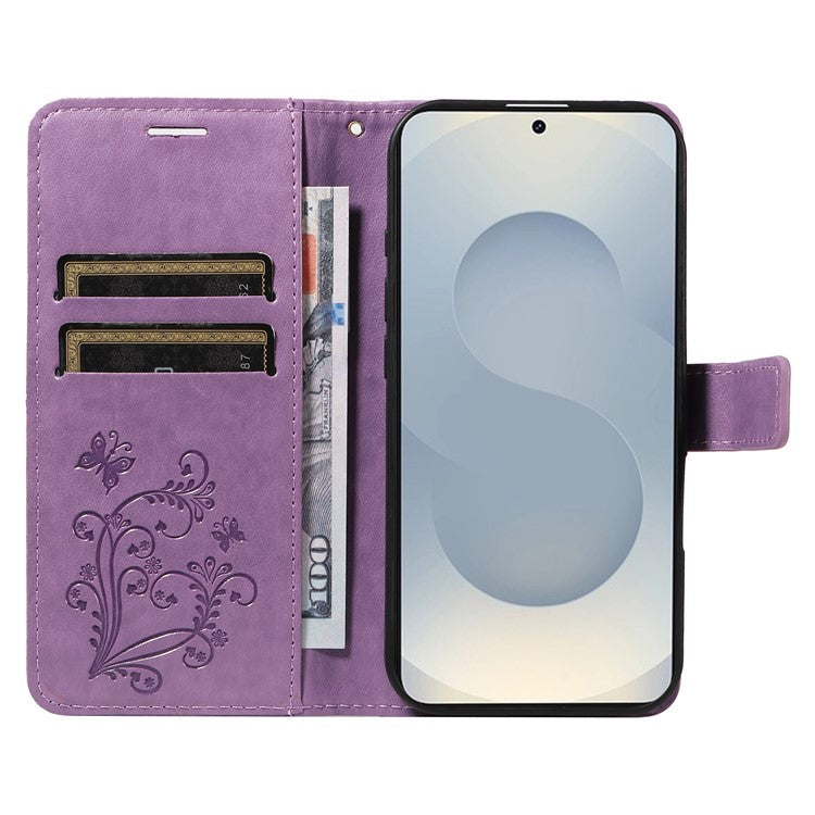 For Samsung Galaxy S25 Edge Wallet Case Floral Butterfly Imprinted Leather Phone Cover Stand - Light Purple