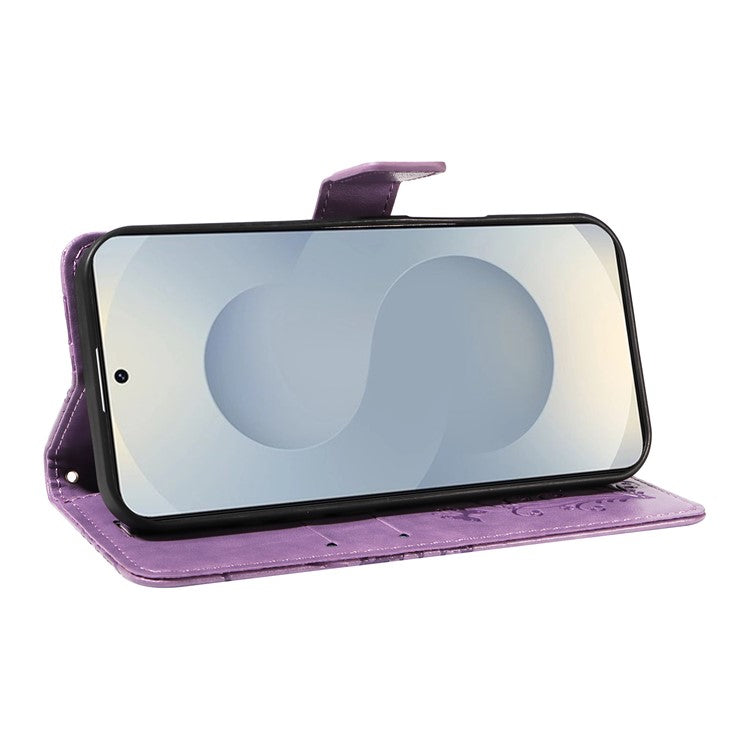 For Samsung Galaxy S25 Edge Wallet Case Floral Butterfly Imprinted Leather Phone Cover Stand - Light Purple