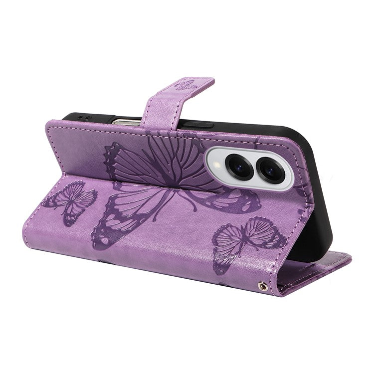 For Samsung Galaxy S25 Edge Wallet Case Floral Butterfly Imprinted Leather Phone Cover Stand - Light Purple